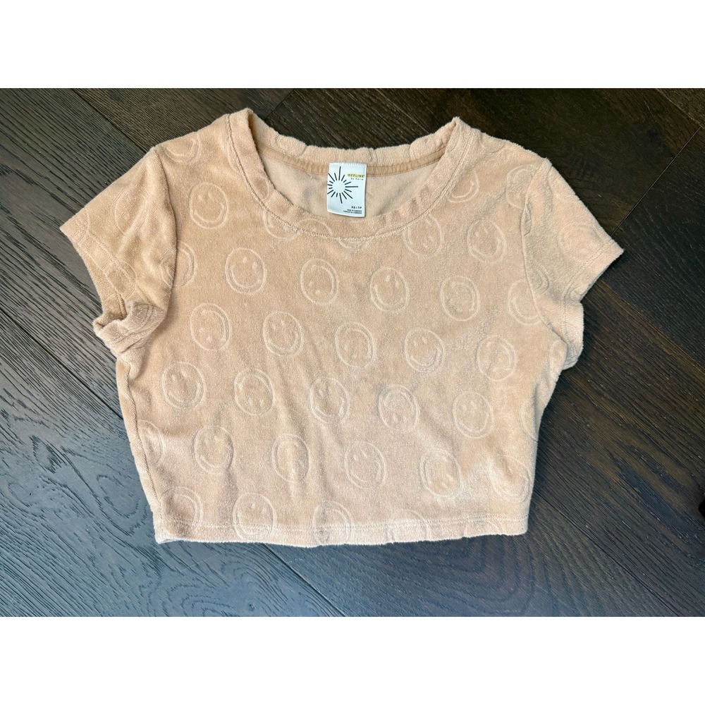 OFFLINE by Aerie Tan Smiley Face Terry Cloth Cropped T-Shirt Size XS